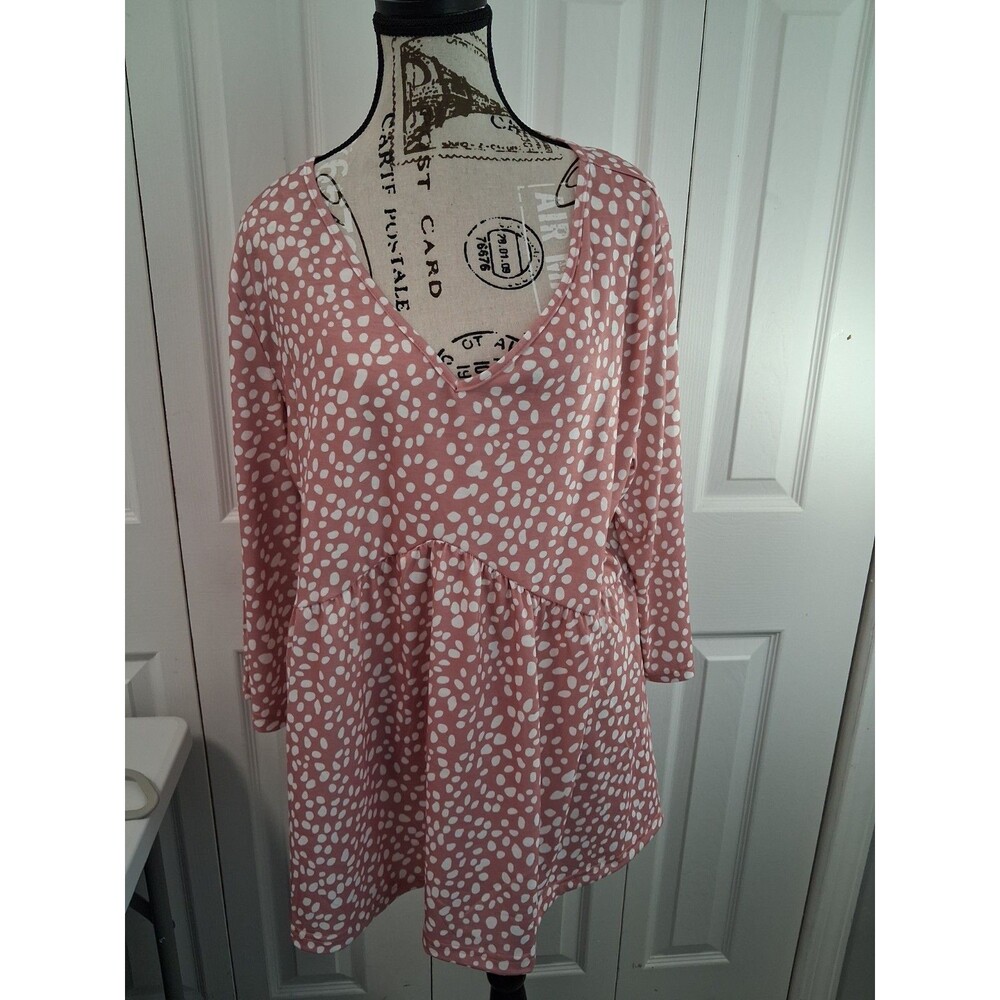 NEW Womens Pink/ White Polka dot Ofeefan Babydoll Boho Long Sleeve Tunic XL